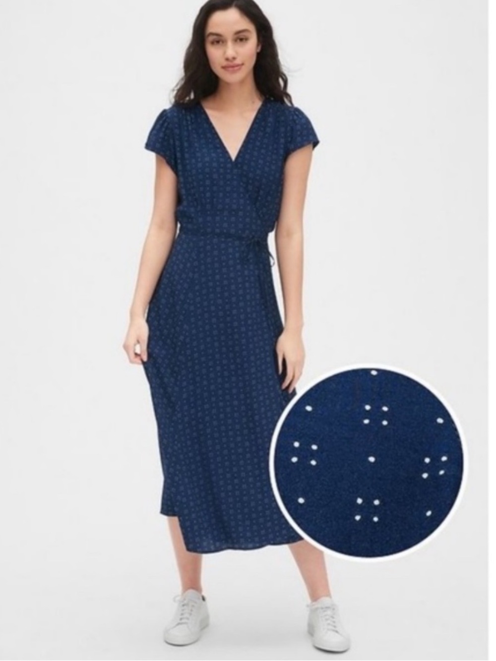 GAP Short Sleeve True Wrap Midi Dress in Blue Dot - Size XL